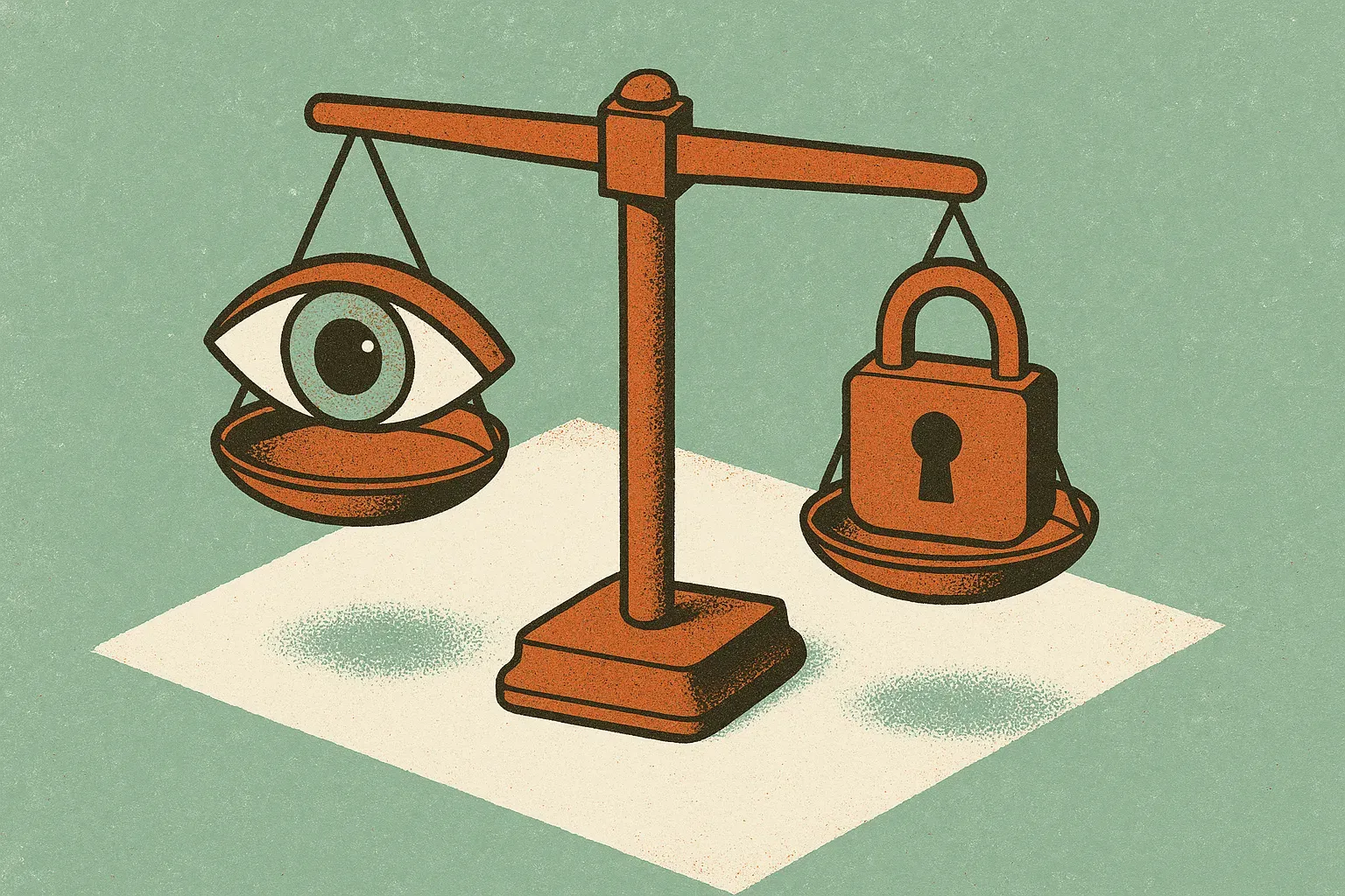 a balance scale with an open eye on one side and a closed padlock on the other