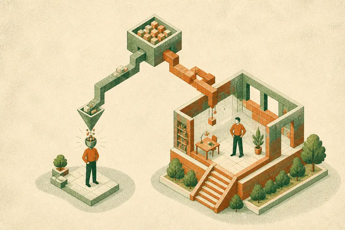 two paths from the same source, one pouring knowledge directly into a worker, the other using it to build the room the w