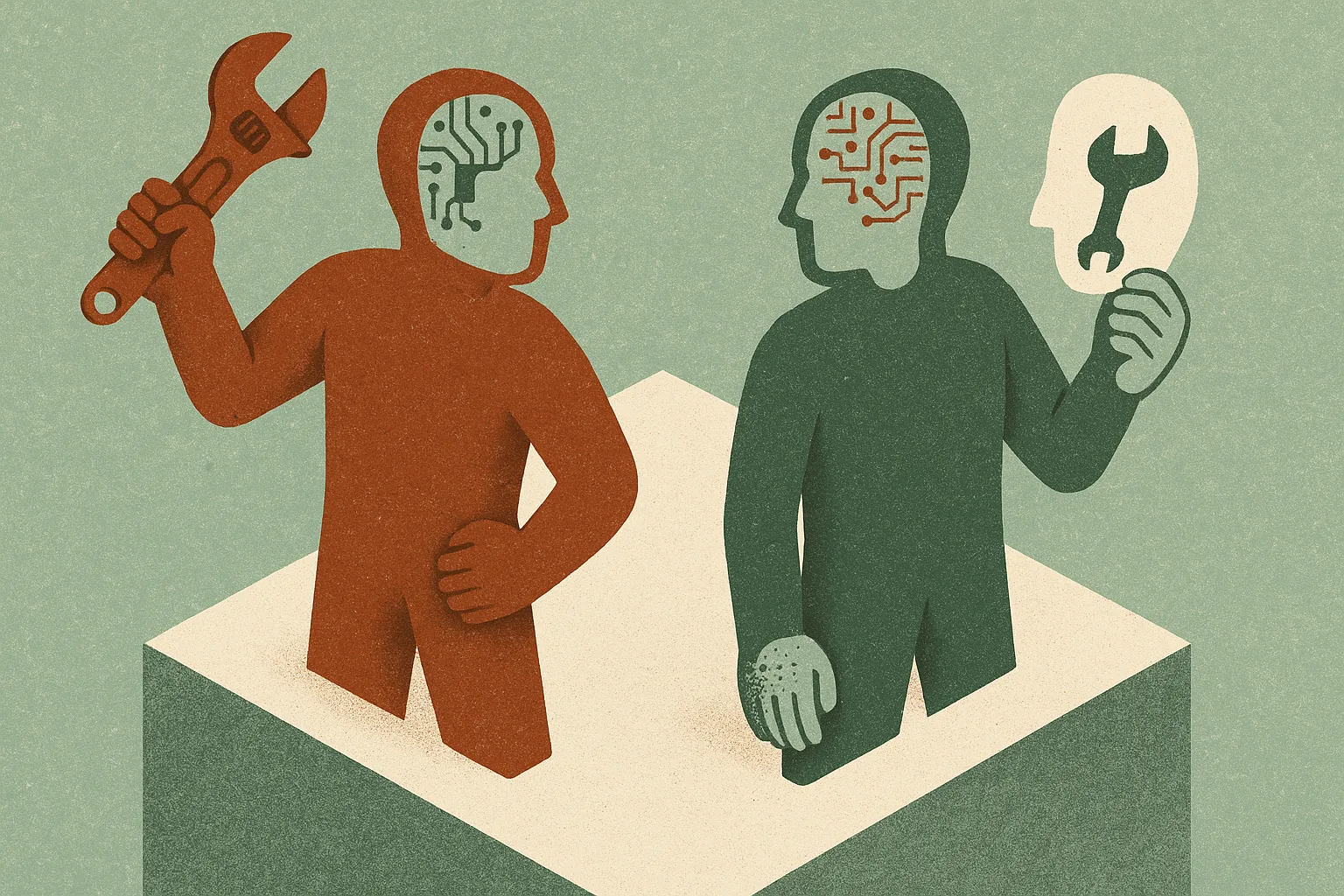 two mirrored figures, one wielding a tool as a weapon and one holding an empty mask shaped like the same tool