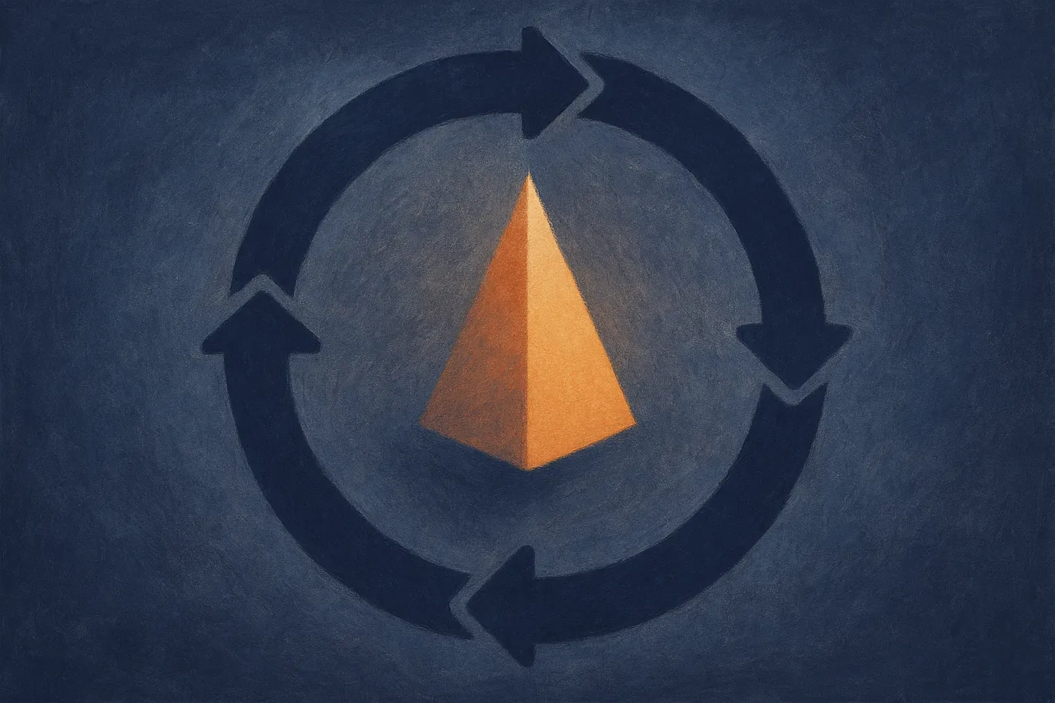 a loop of four connected stages feeding a central shape that gradually sharpens