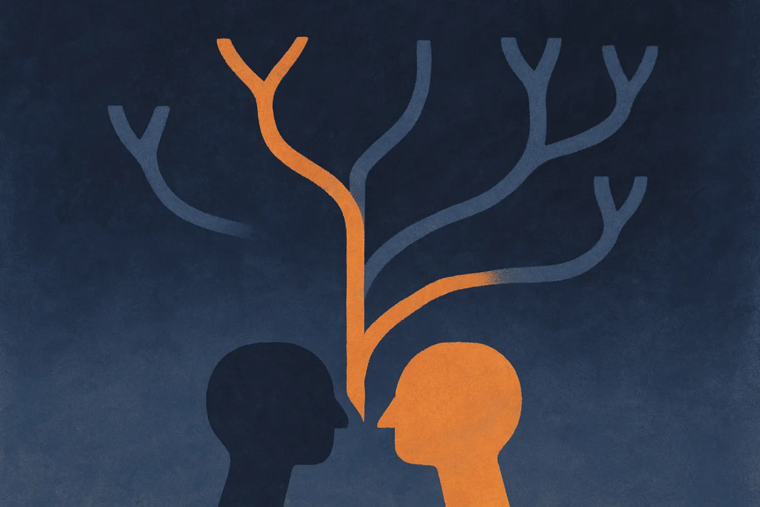 a conversation drawn as a path with forks, some branches opening up and some branches closing off