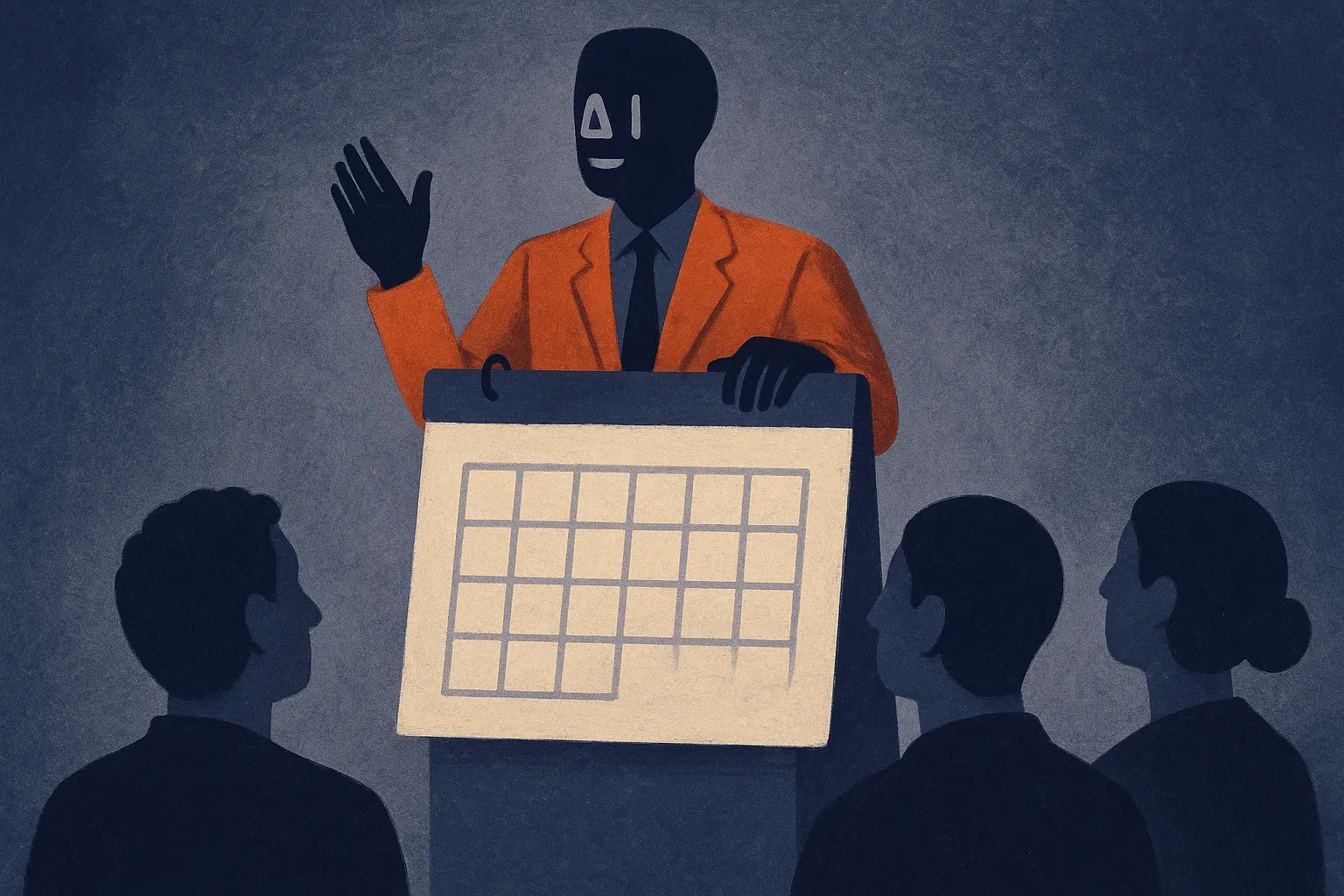 a confident figure speaking from behind a slightly outdated calendar, the audience nodding