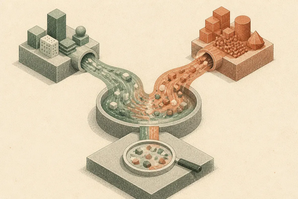 two distinct streams meant to be compared against each other but merging into one blended pool before the comparison hap