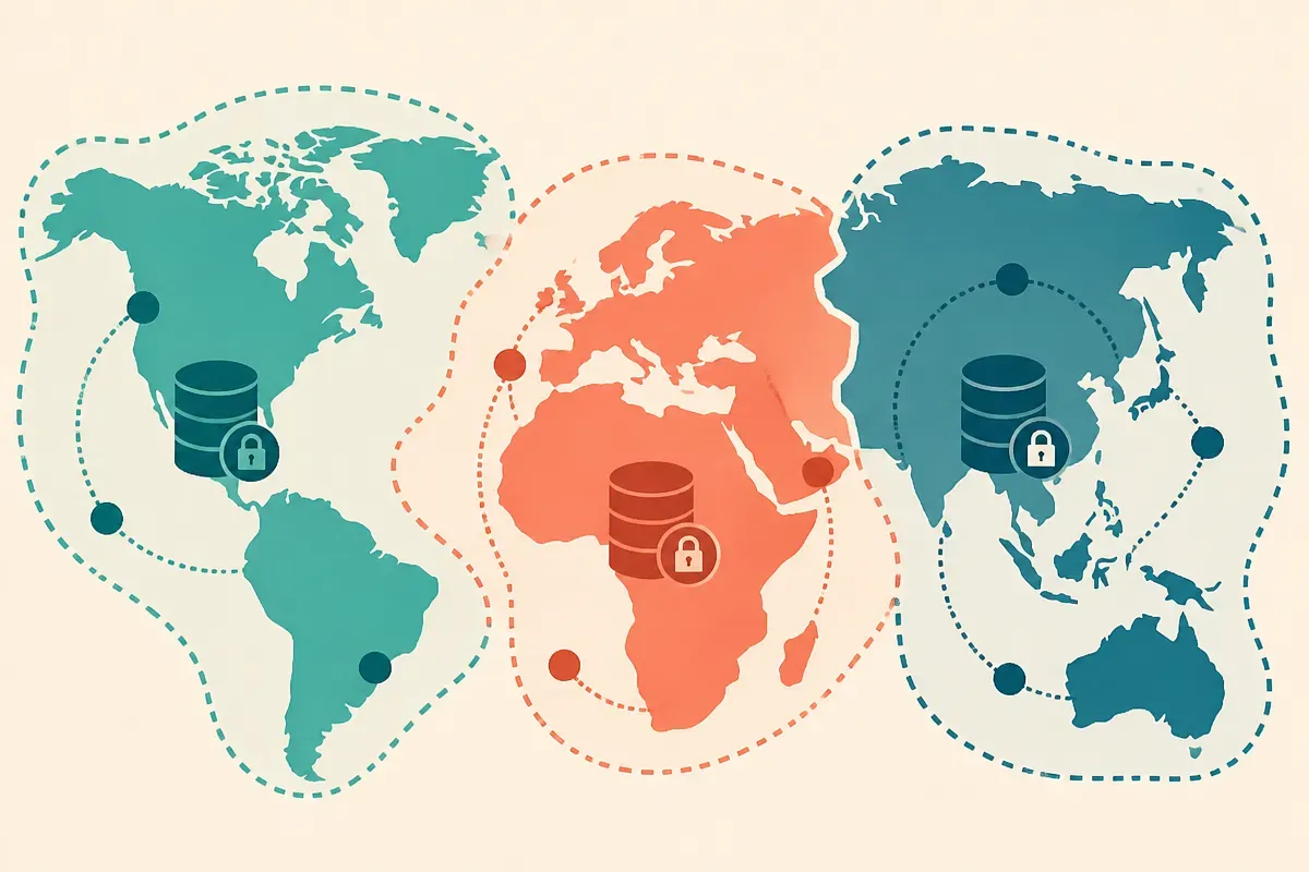 a map split into regions where data stays inside each region's boundary instead of crossing it