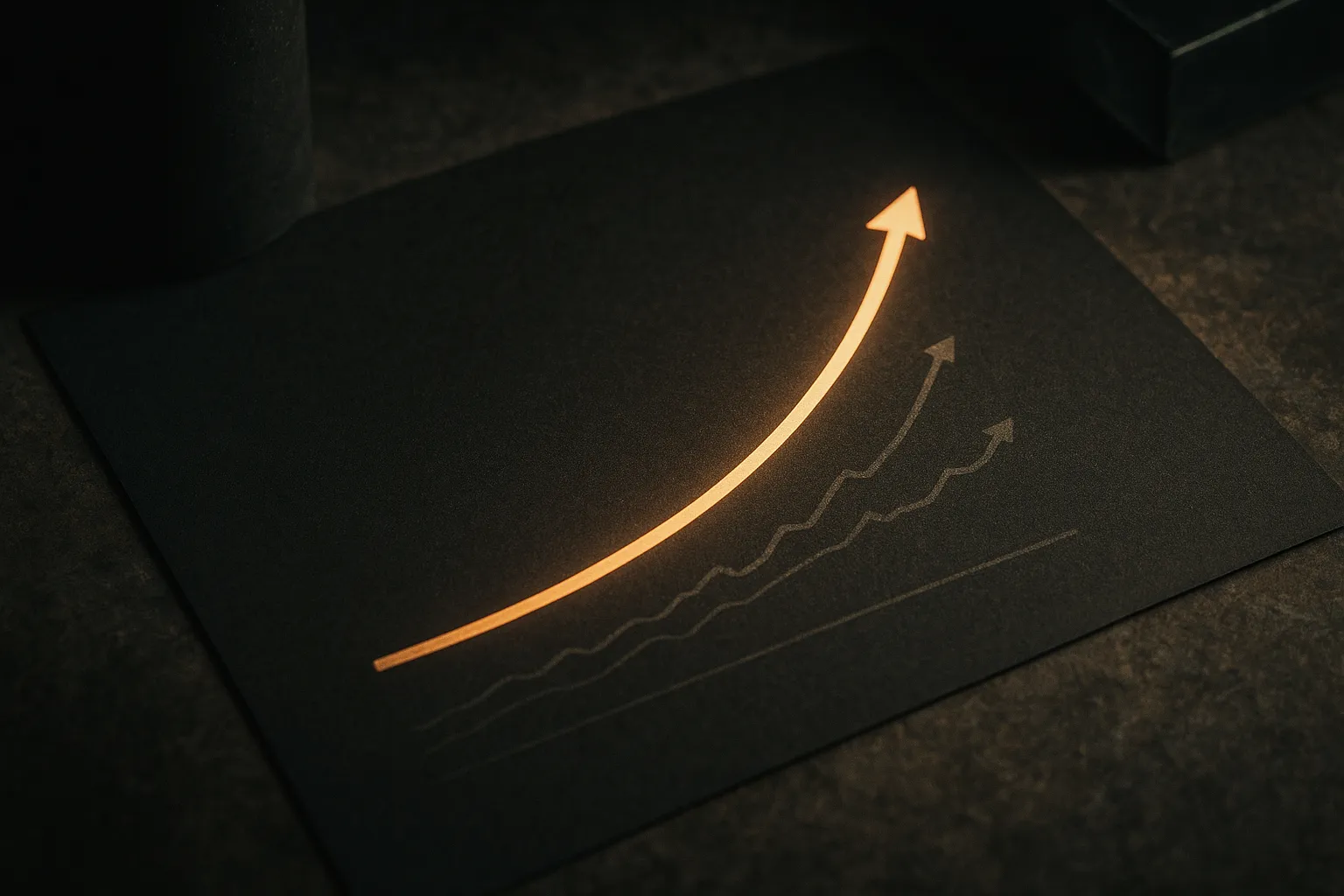 an upward curve with faint dropped-out paths beneath it