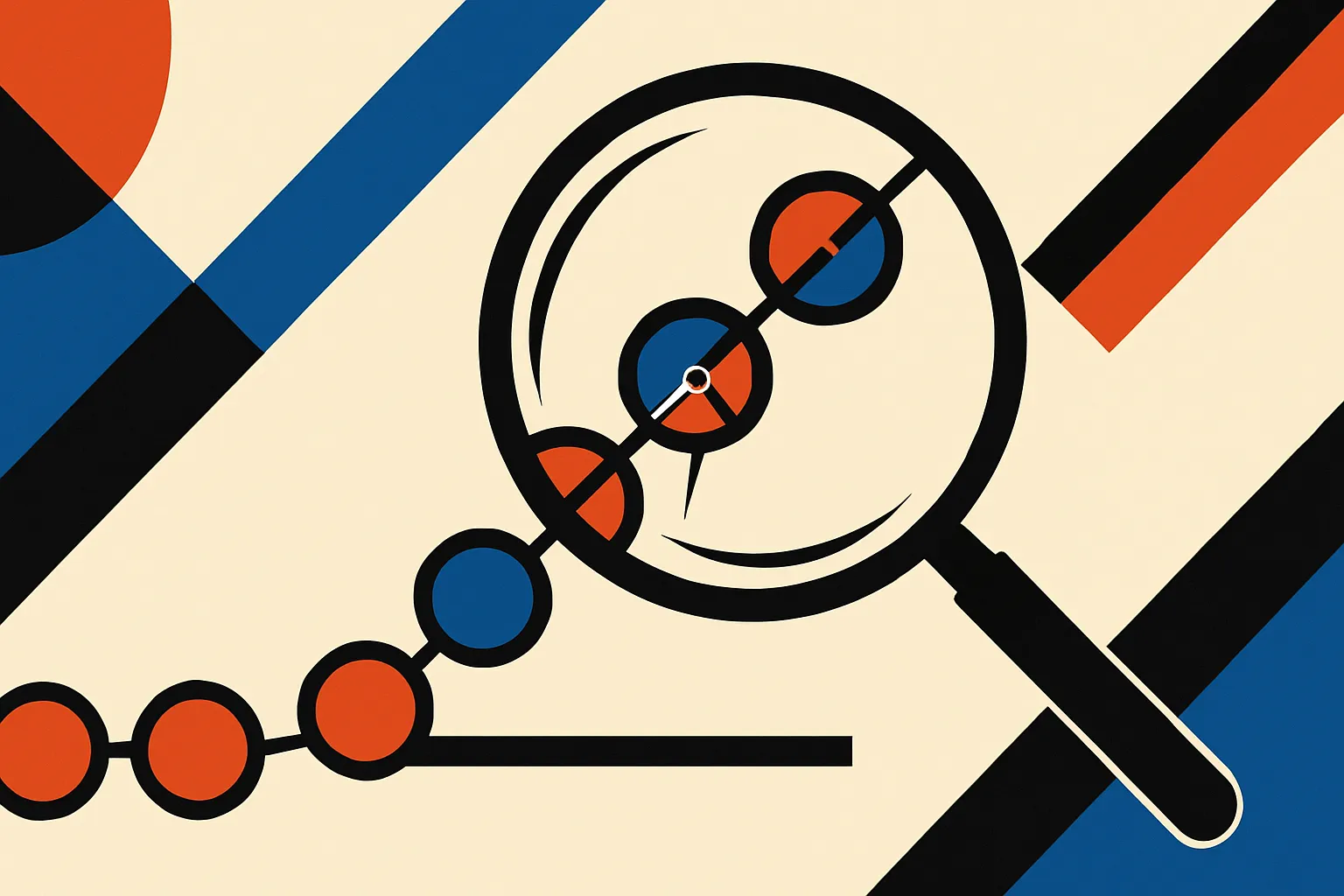 a magnifying glass hovering over a sequence of beads, revealing the connections between them