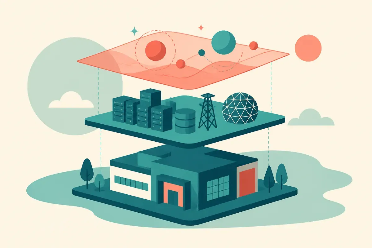 three stacked layers, a company at the base, infrastructure in the middle, a thin speculative wrapper floating on top