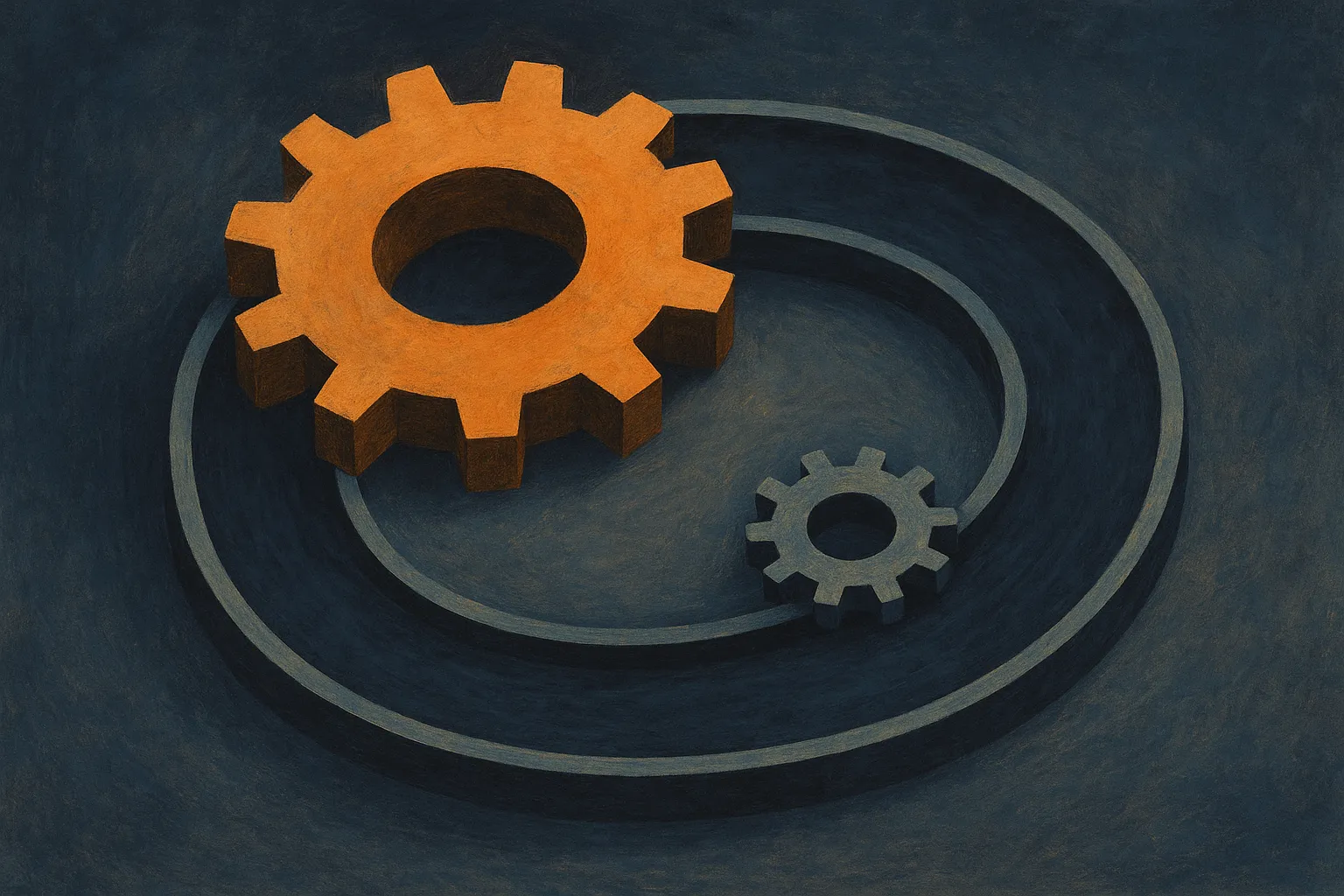 a large gear turning once to shape a track, then a small gear running around that track repeatedly