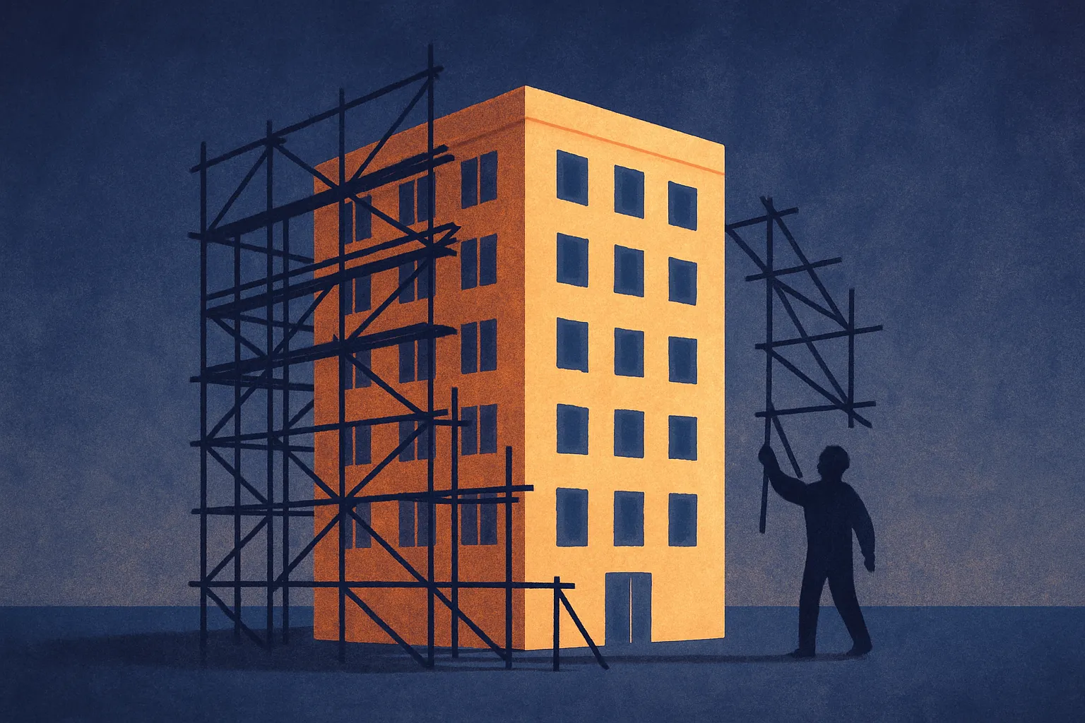 a scaffolding structure being removed from around a finished building