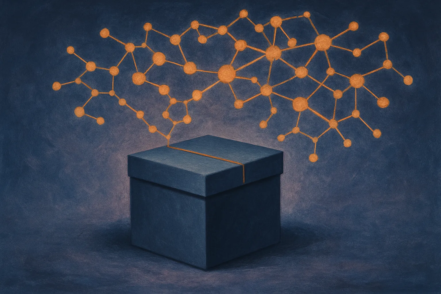 a closed sealed box at the center with an evolving cloud of connected memory nodes growing and reshaping around it over 