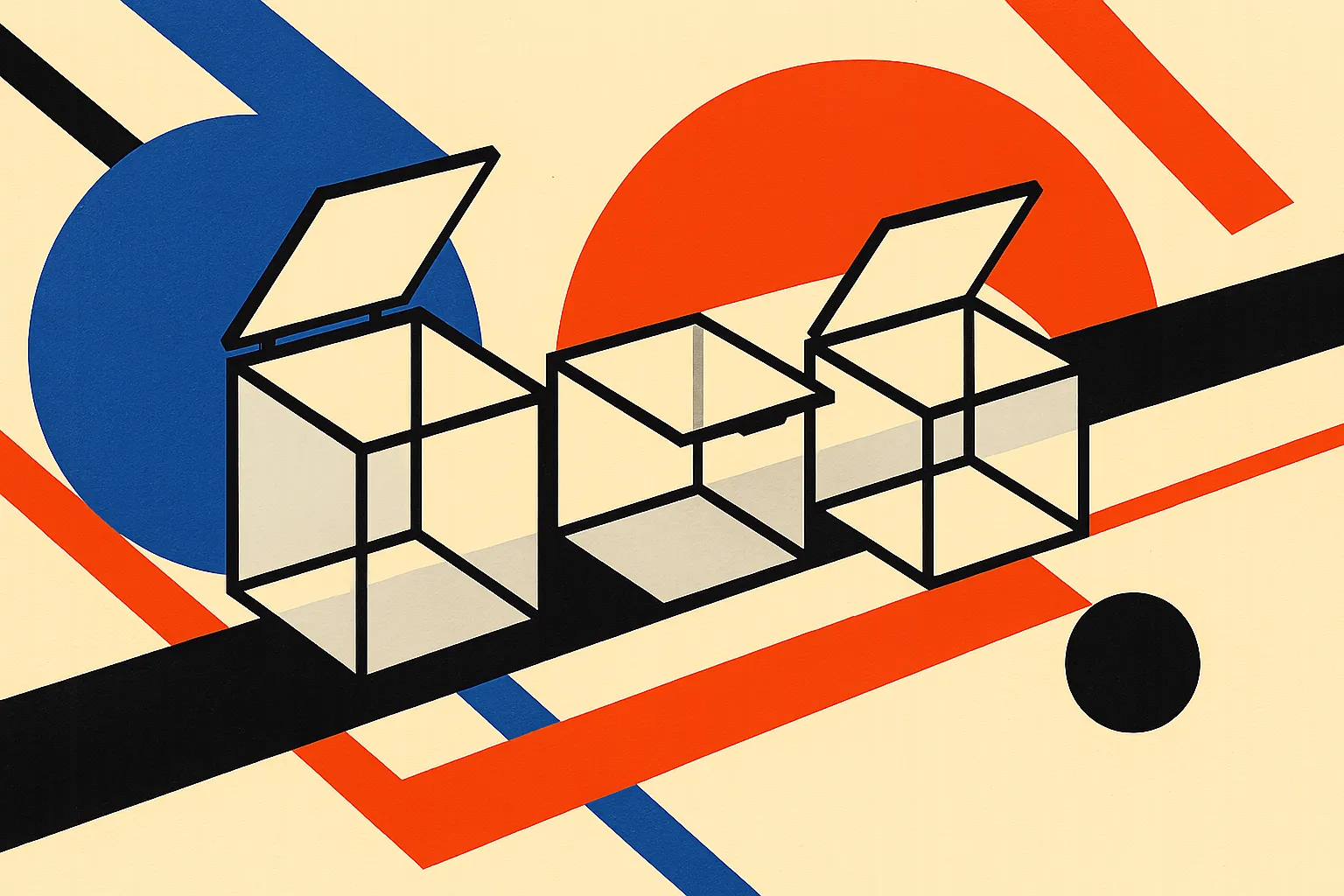 a pipeline drawn as three transparent glass boxes in a row, each one openable and inspectable