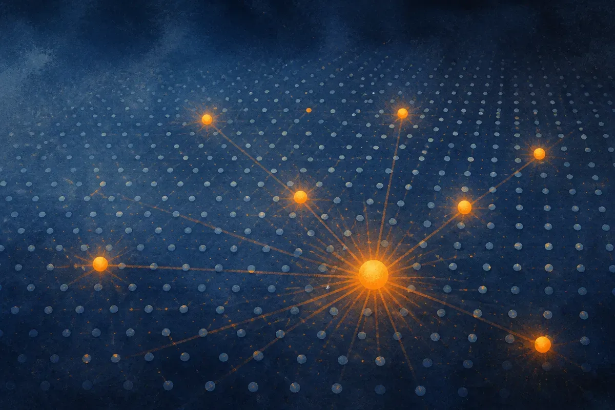 a wide field of small uniform dots with a few larger dots glowing brighter, suggesting a minority of inputs carry most o