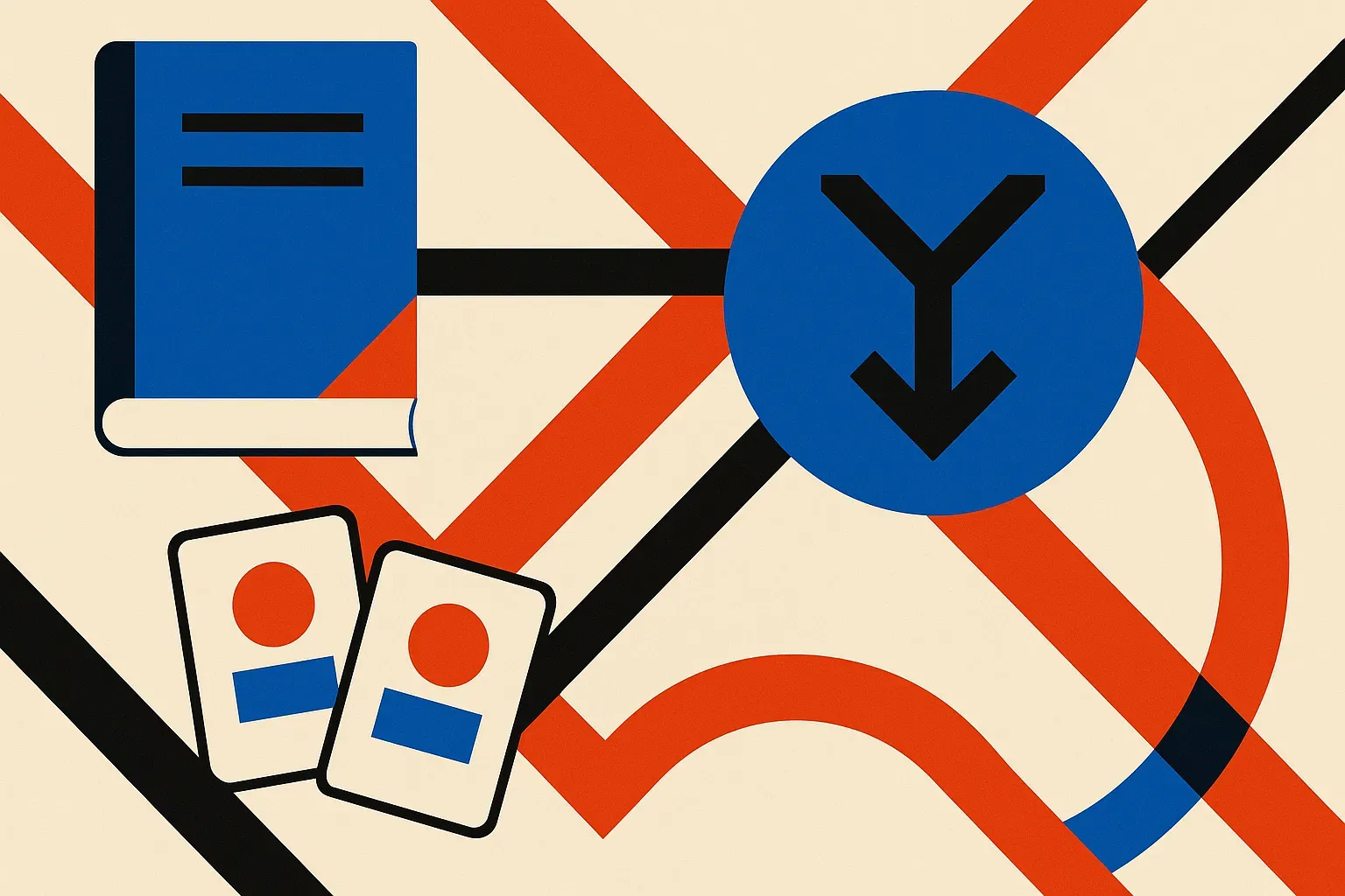a single decision gate fed by two inputs, a rulebook and a small set of example cards, blended together
