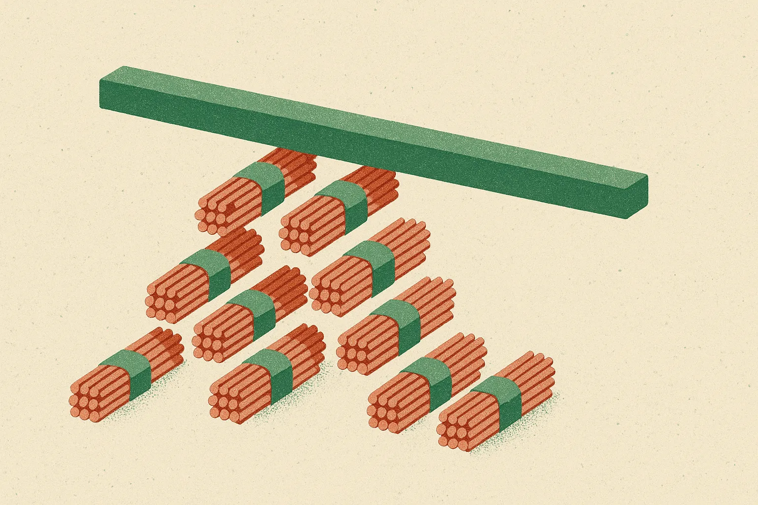a flat line holding steady as many small bundles are added underneath it