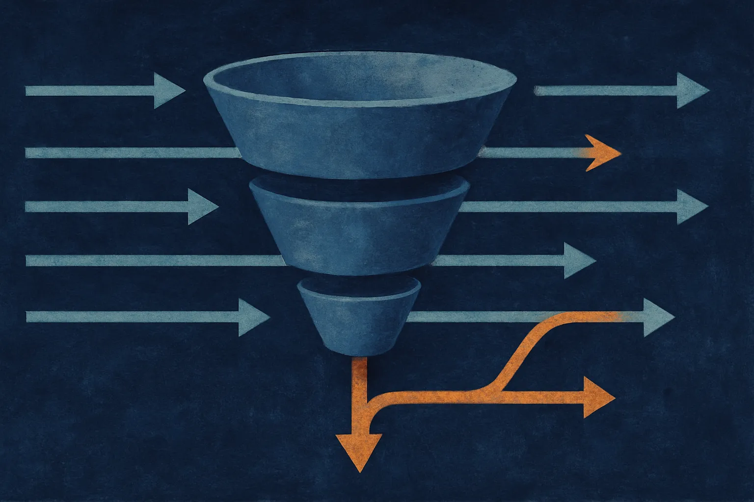 a layered filter funnel, each layer narrower, with most inputs passing through unchanged and only a few triggering a bra