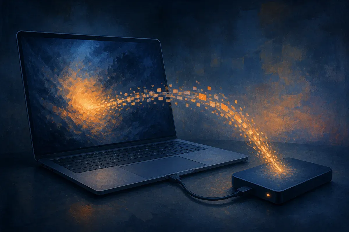 a laptop connected to an external drive, with a glowing stream of small packets flowing between them during generation