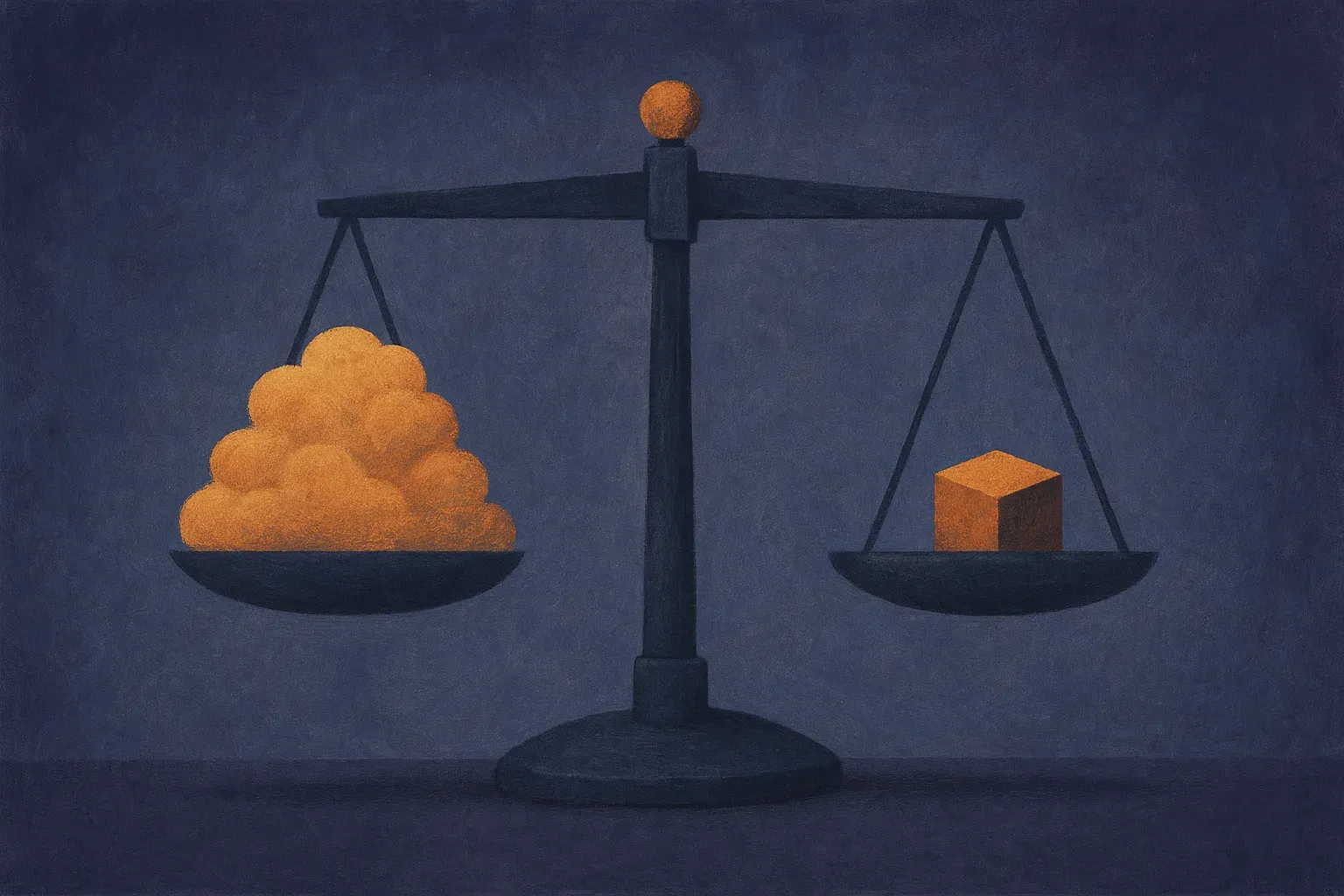 two scales, one holding a large pile that weighs nothing, the other holding a small object that weighs a lot