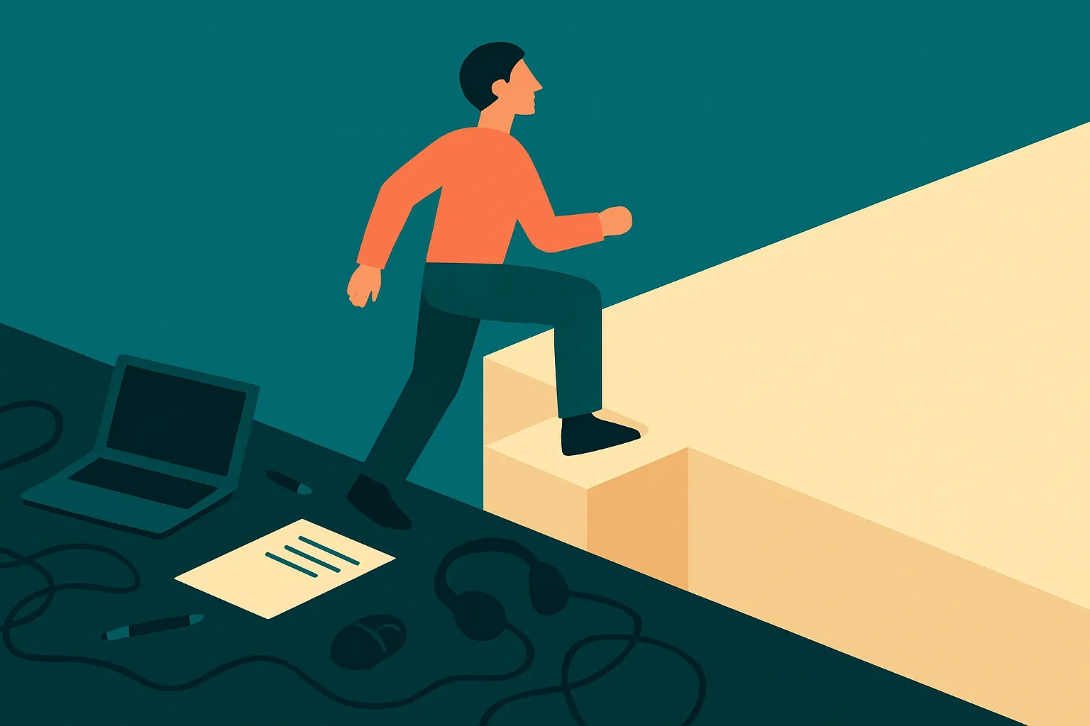 a person stepping up from a lower cluttered workspace onto a higher clear platform, looking outward