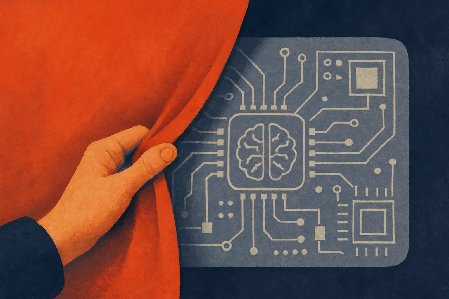 a hand pulling back a bright marketing banner to reveal a plainer, more detailed schematic underneath