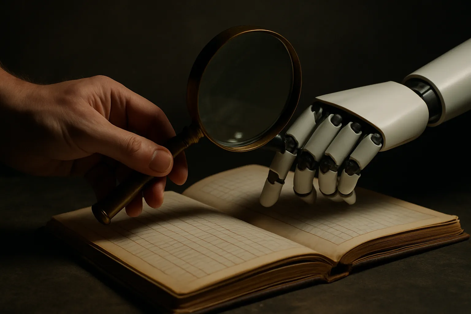 a human hand and a robotic hand jointly holding a magnifying glass over a ledger