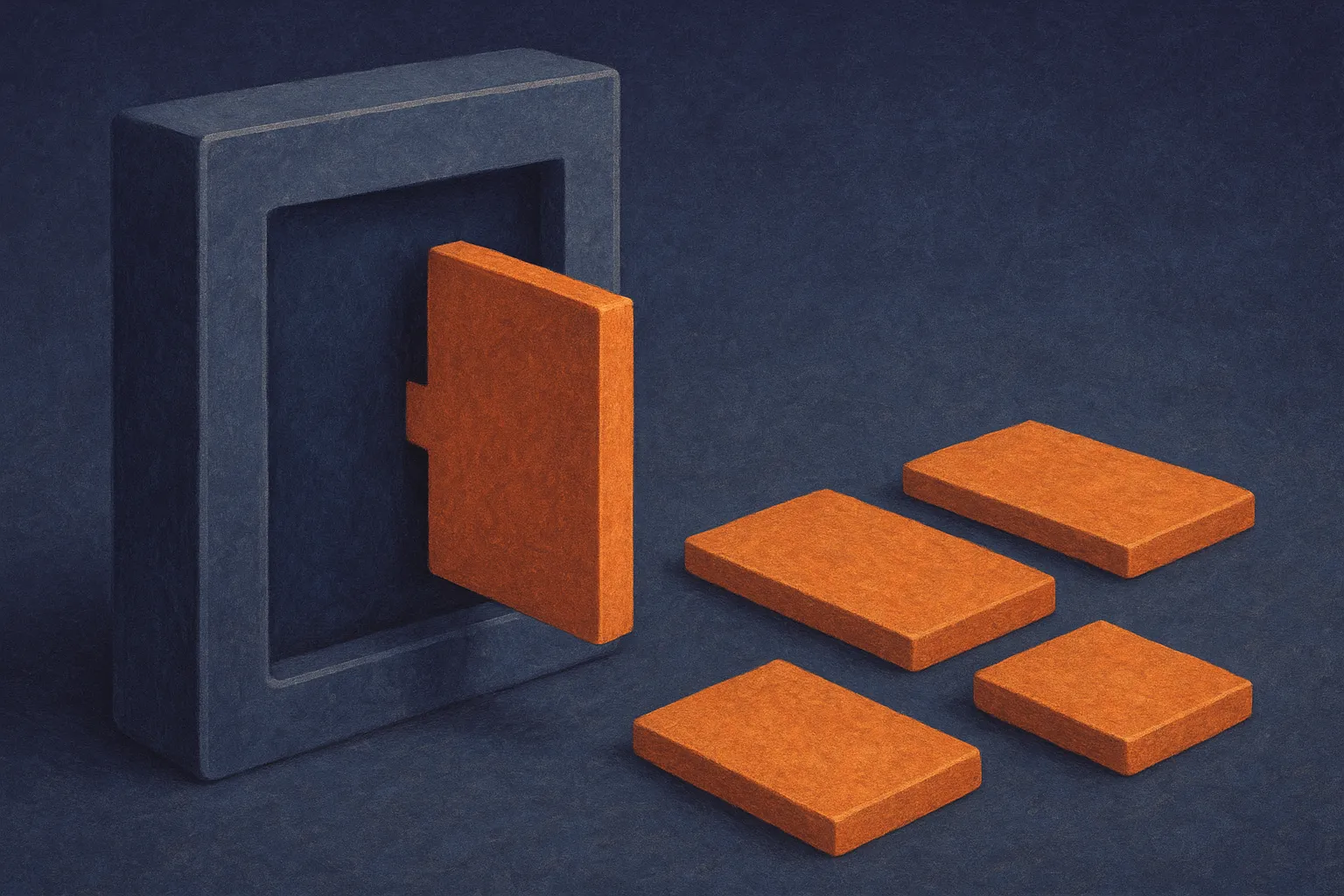 a swappable component slotting into a fixed frame, several interchangeable pieces waiting beside it