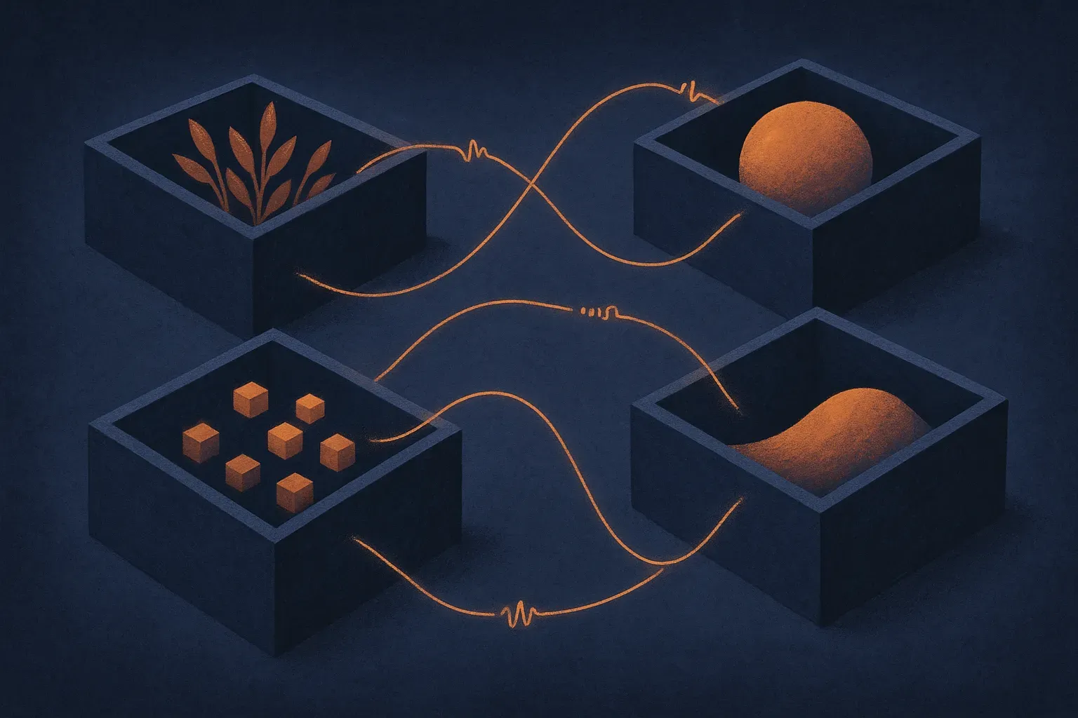 separate walled gardens each keeping their own contents, connected by thin threads carrying abstract signals rather than