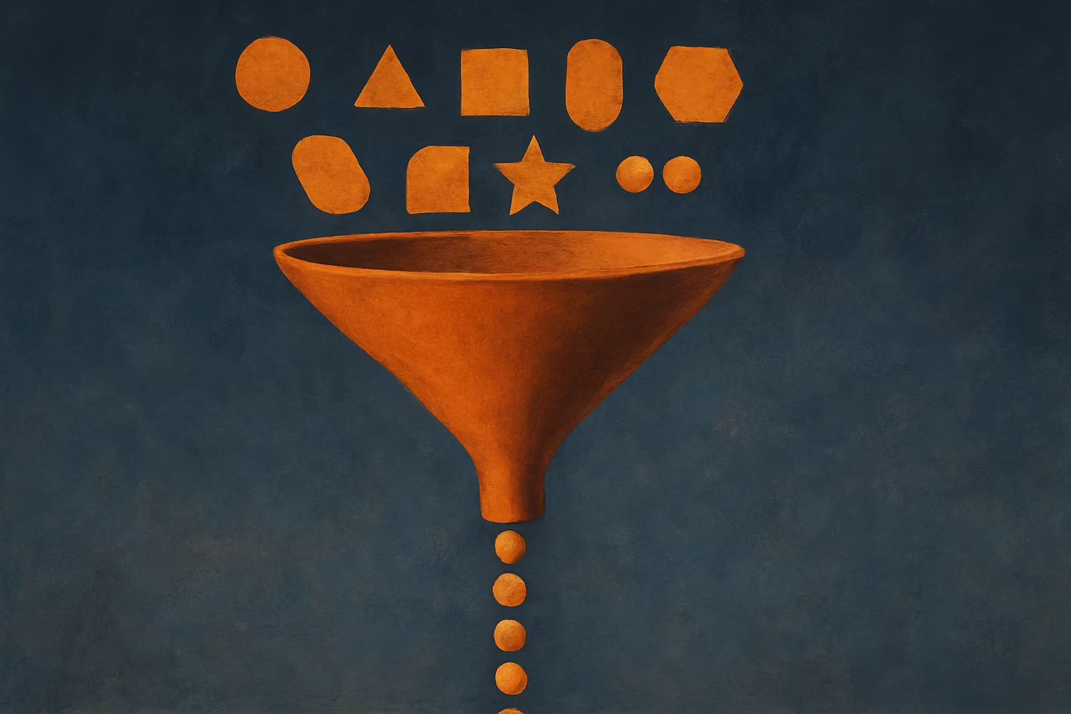 a wide funnel narrowing many distinct shapes into identical uniform beads coming out the bottom