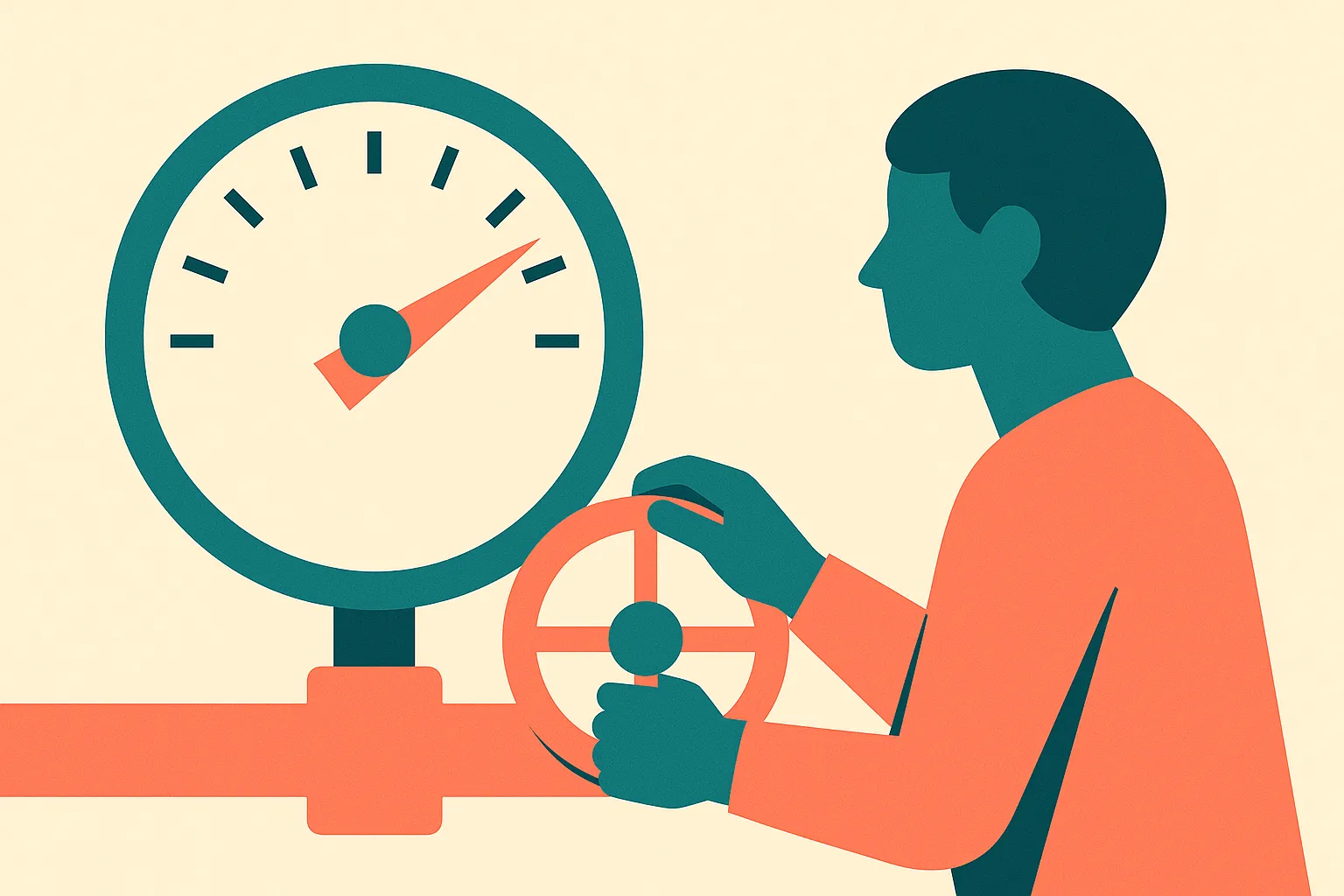 a dial or gauge whose needle is being read by a person, the person adjusting a nearby valve