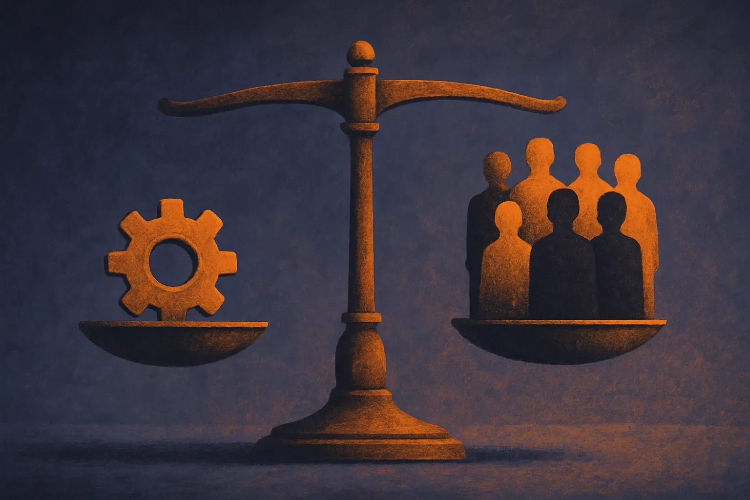 a balance scale with a small efficient gear on one side and a cluster of human silhouettes on the other, roughly level