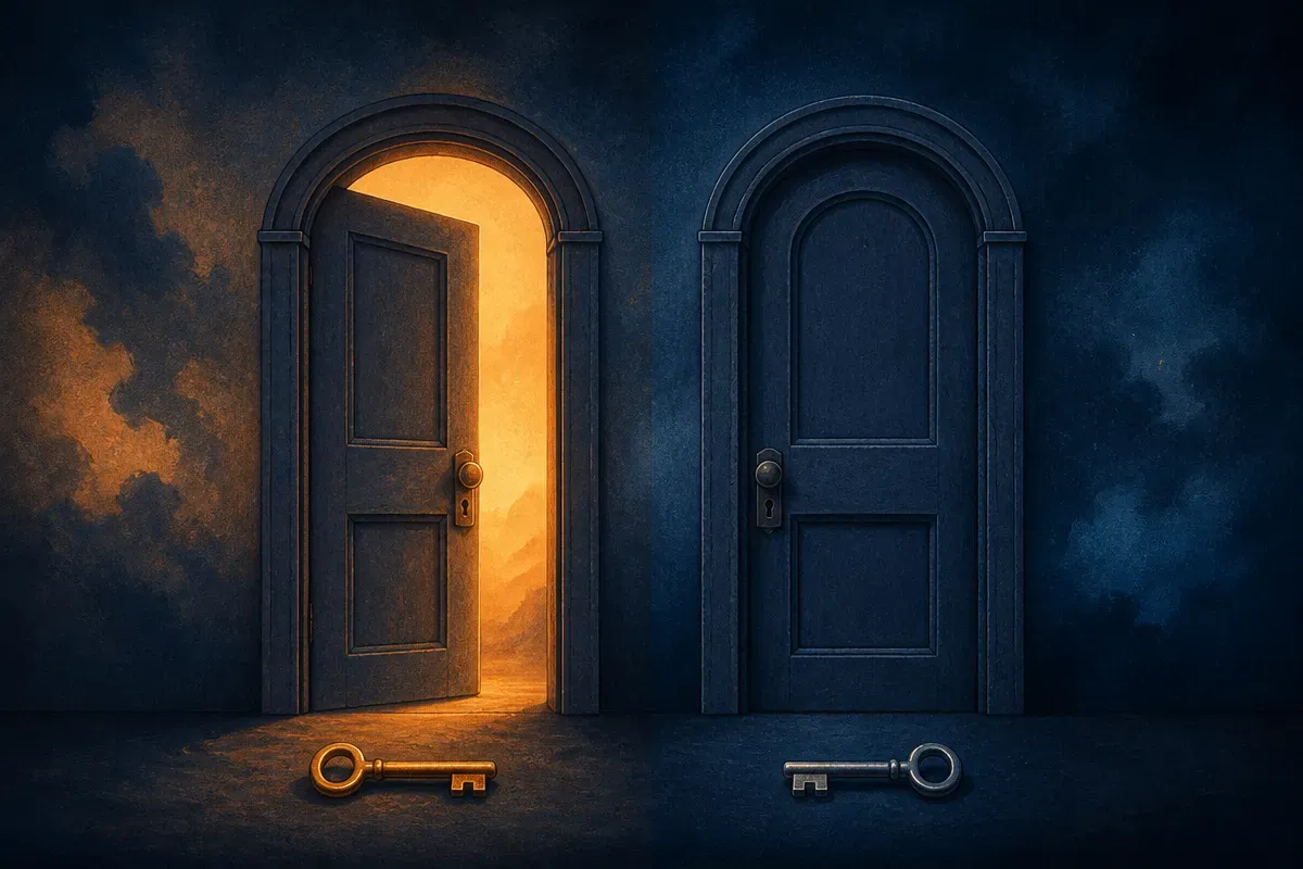 two identical doors side by side, one opening and one staying shut, each triggered by a different small key
