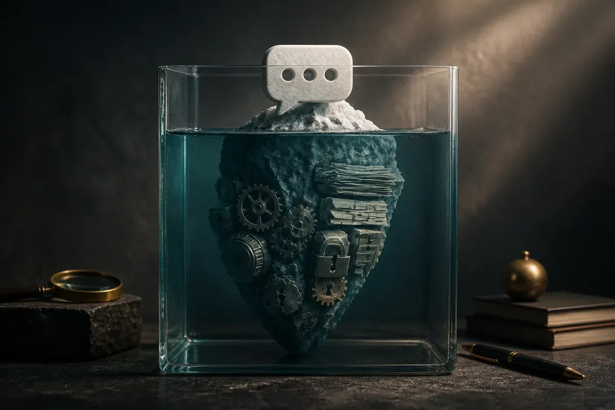 an iceberg where the small visible tip is a chat bubble and the large submerged mass is controls, logs, and policy