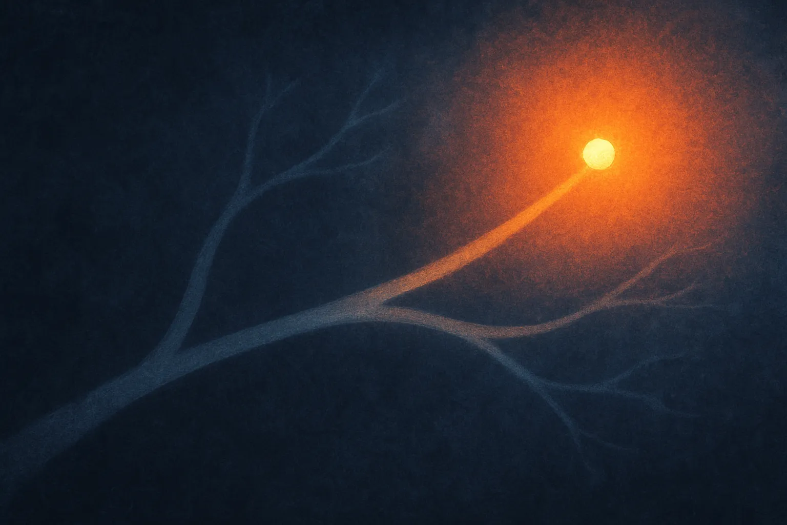 a rising gradient of warmth guiding a moving point along a branching route, cooler branches fading out
