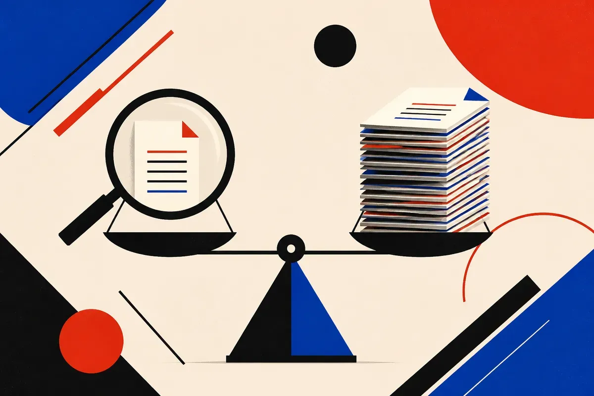 a single document under a magnifying glass versus a large stack of documents on a balanced scale