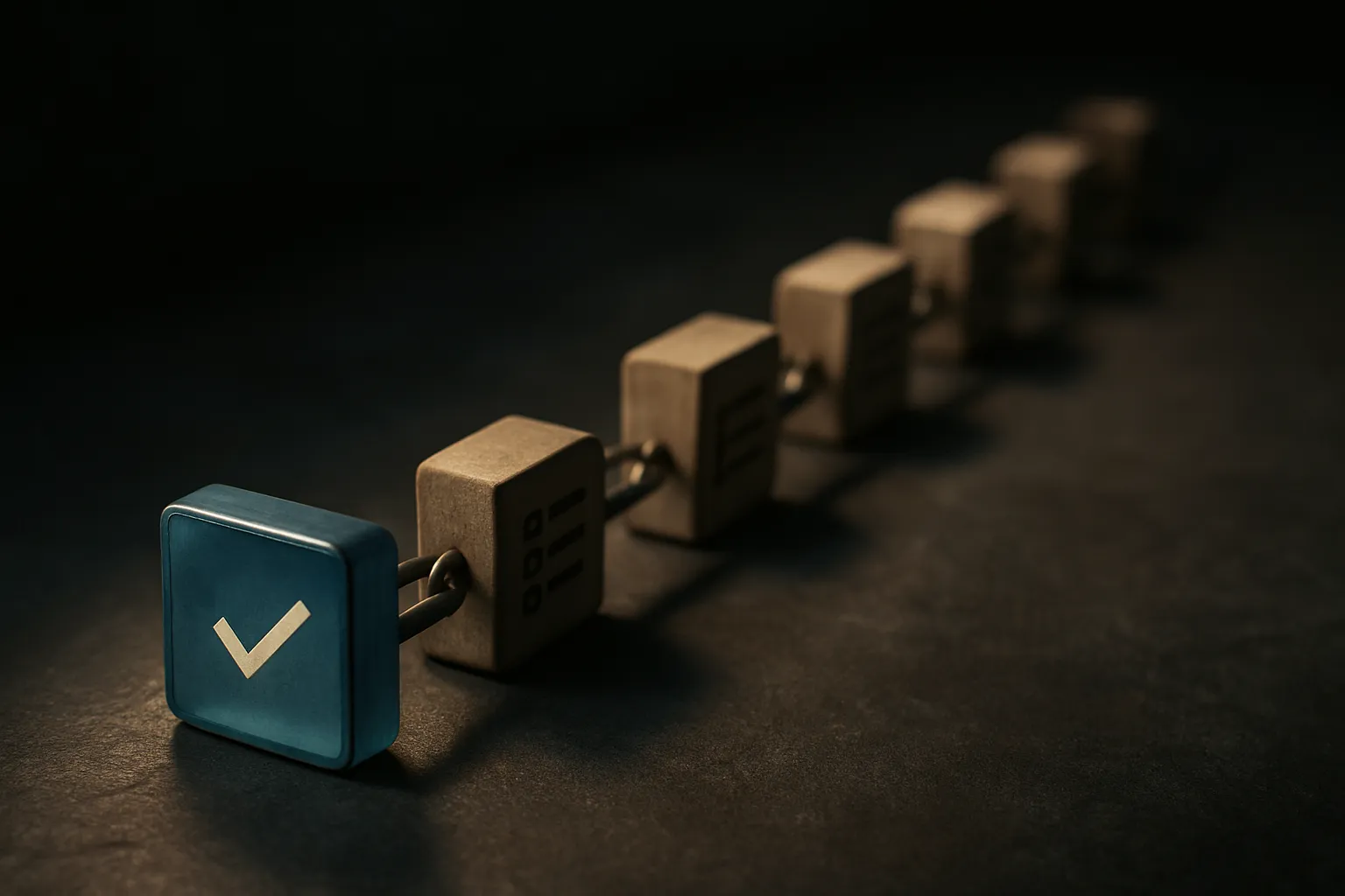 a chain of small connected task blocks where only the first block and the last handful stay in focus while the long cent