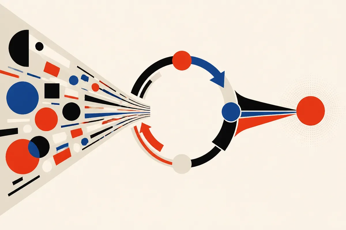 a context bundle flowing into a repeating loop that narrows toward a single confident output