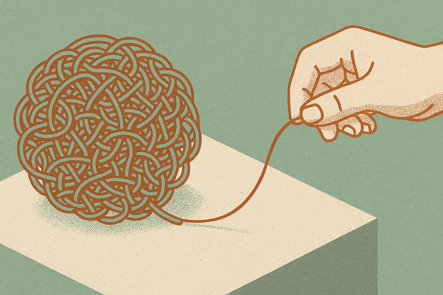 a hand pulling one clean thread from a large tangled ball, the ball made of many interlocking loops