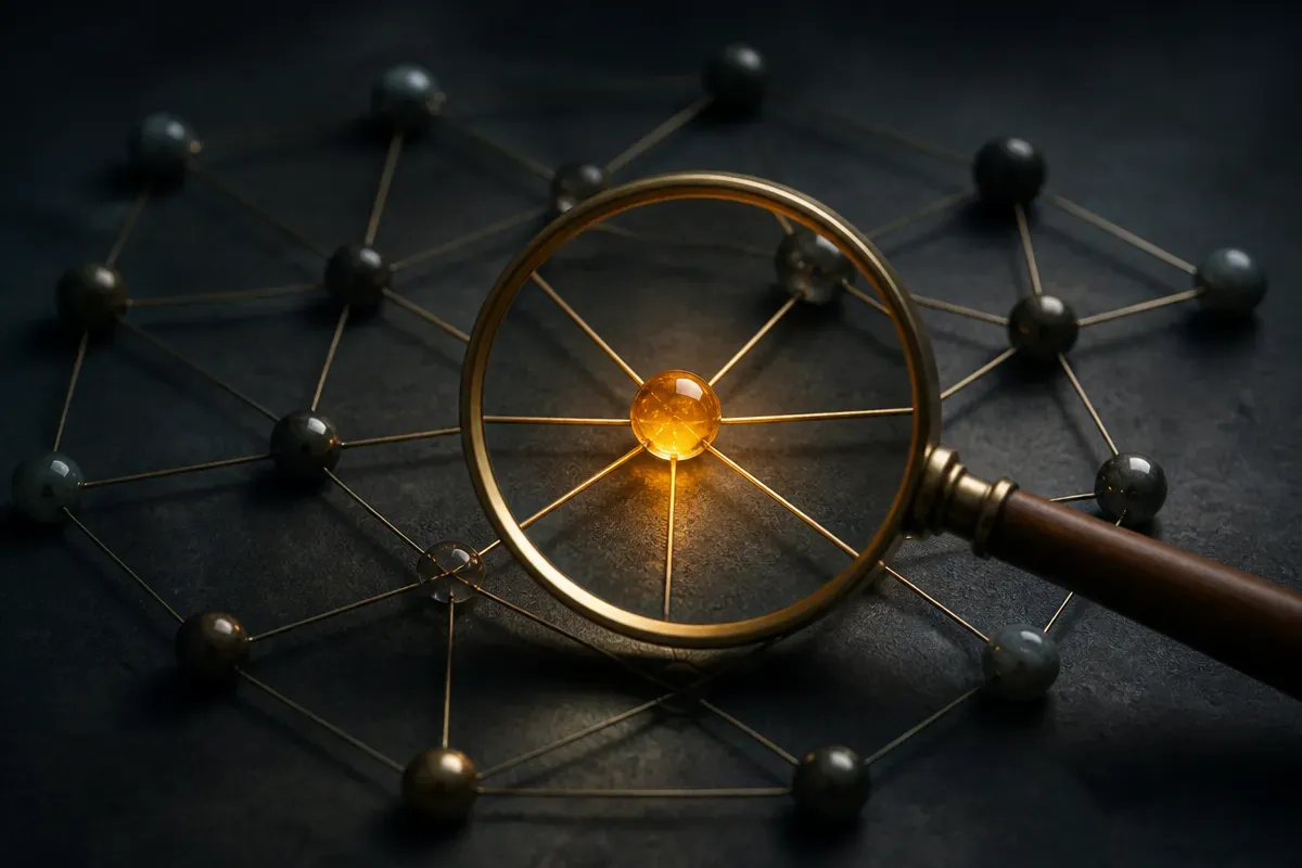 a magnifying glass hovering over one node inside a network of connected concept nodes, that single node glowing to show