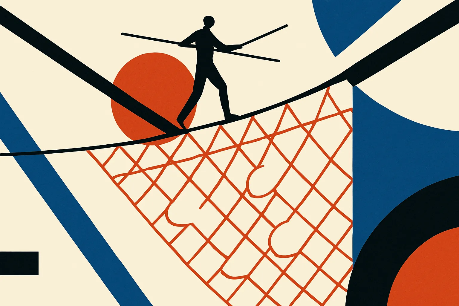 a safety net stretched below a tightrope walker, with several gaps in the netting that are invisible from above but clea