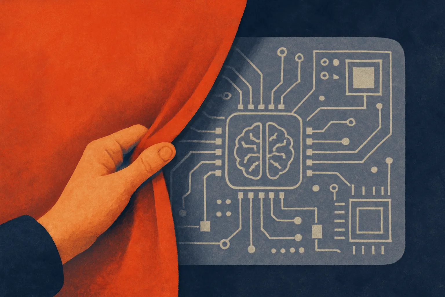 a hand pulling back a bright marketing banner to reveal a plainer, more detailed schematic underneath