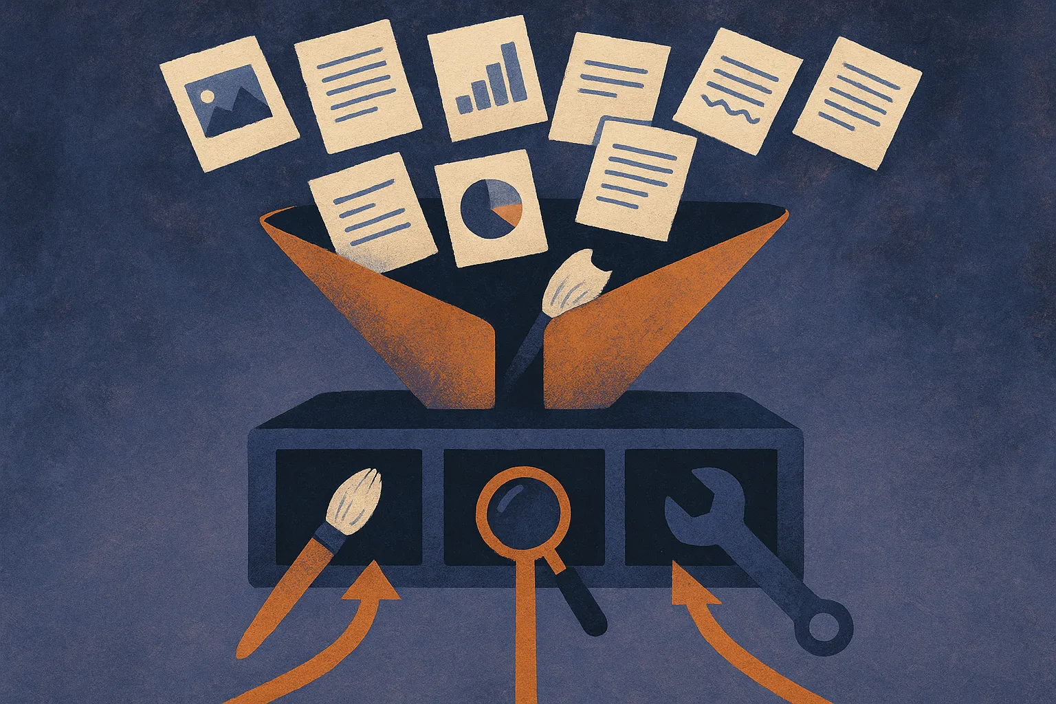 many different document types funneling into a sorter that routes each to a matching specialized tool