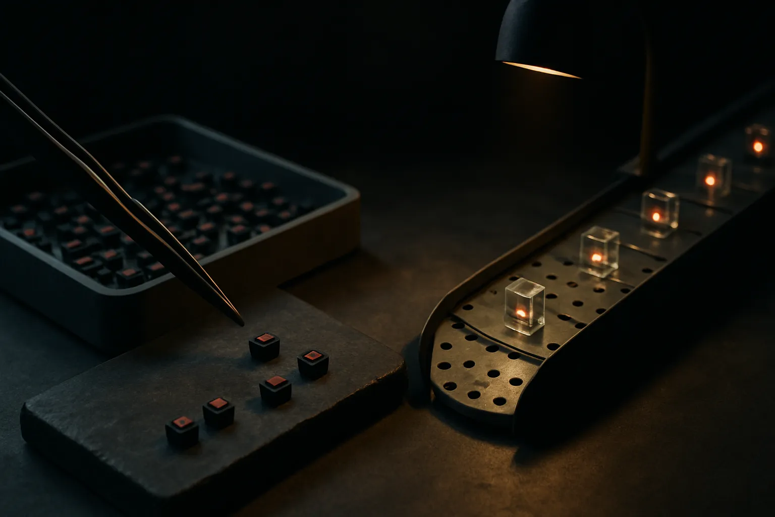 an offline workshop pre-assembling many small components on one side, feeding a fast lightweight assembly line on the ot