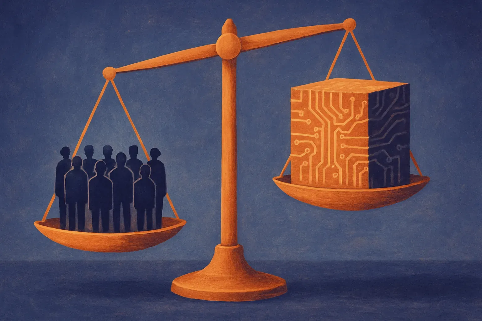 a balance scale shifting weight from many small human figures toward a single dense block of computation
