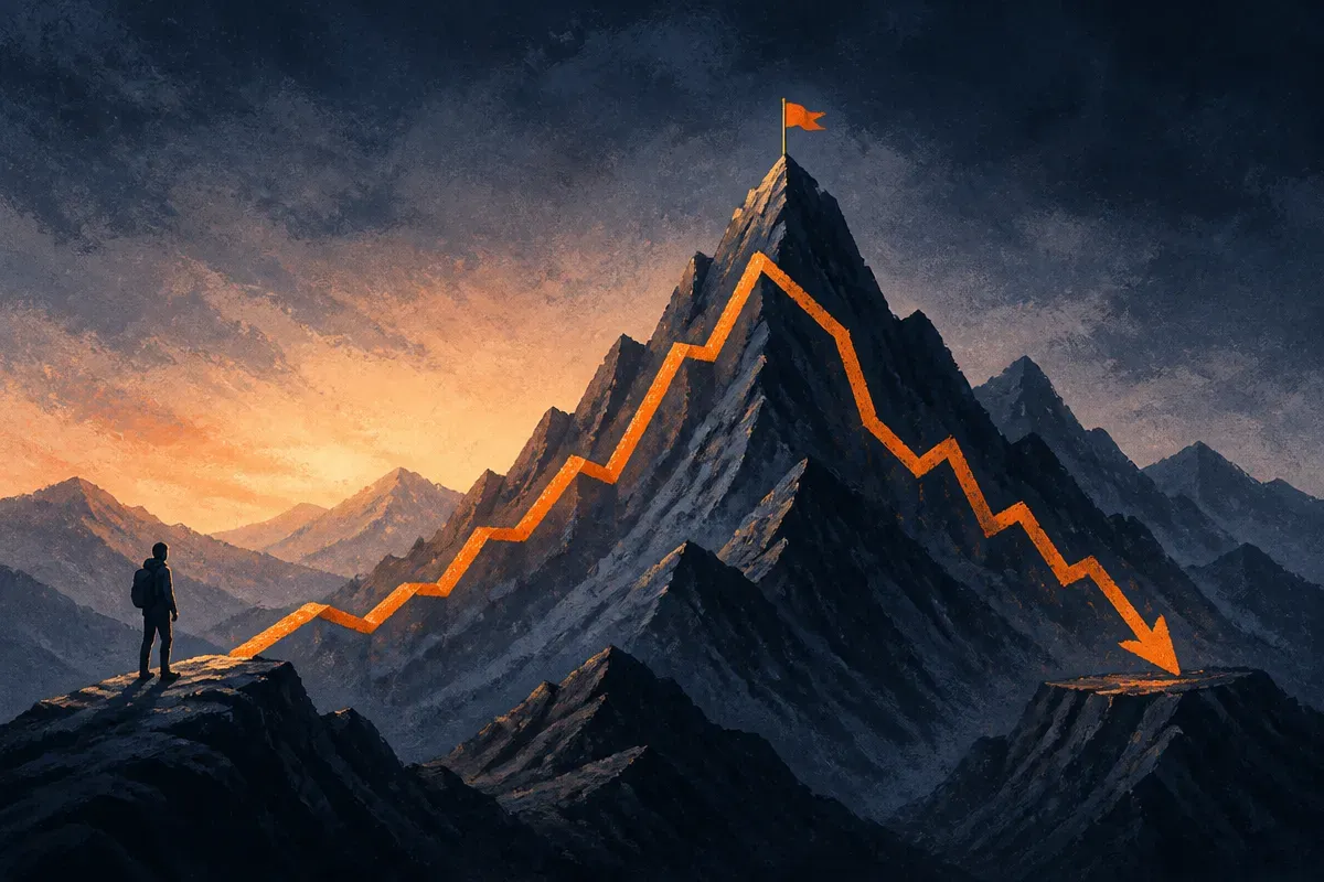 a jagged path across uneven terrain where progress rises and then falls back down