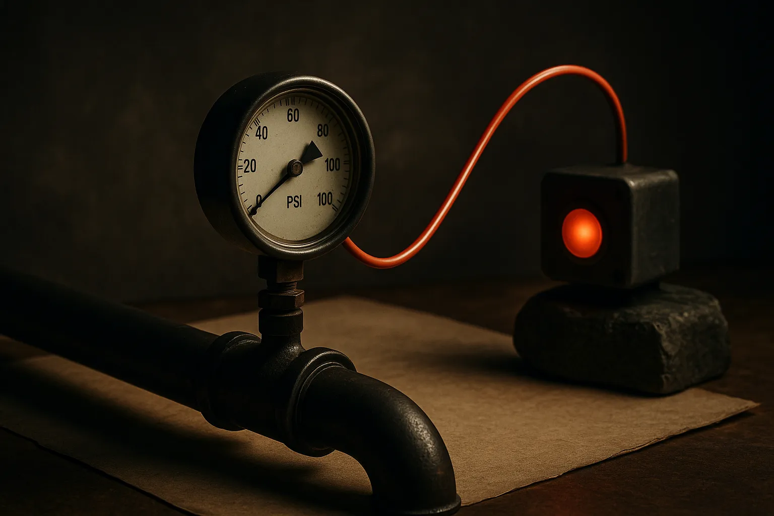 a monitoring gauge sitting inside a development pipeline, feeding a signal back to a checkpoint