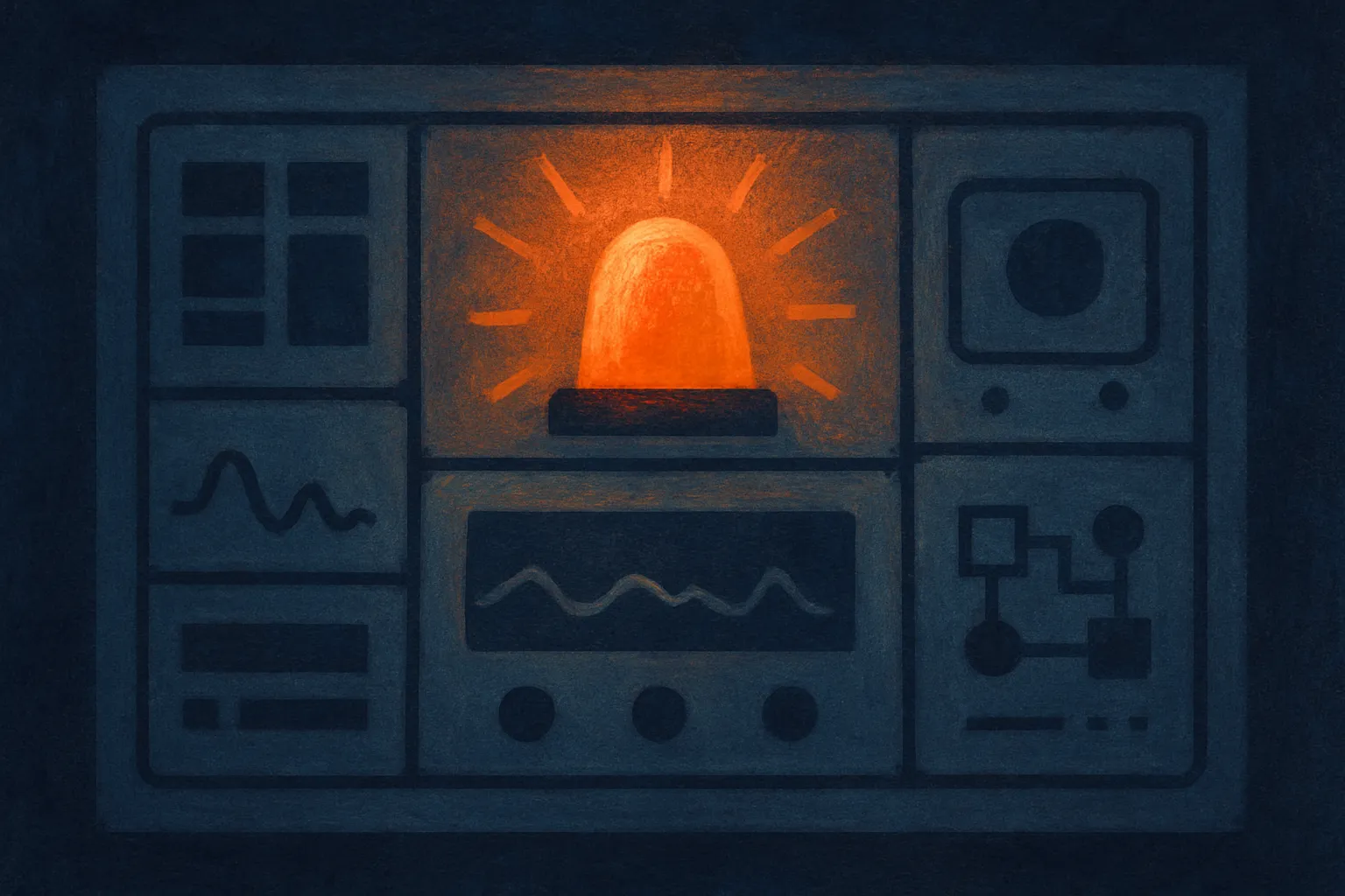 a control room dashboard with one clear alarm indicator lighting up, other panels calm