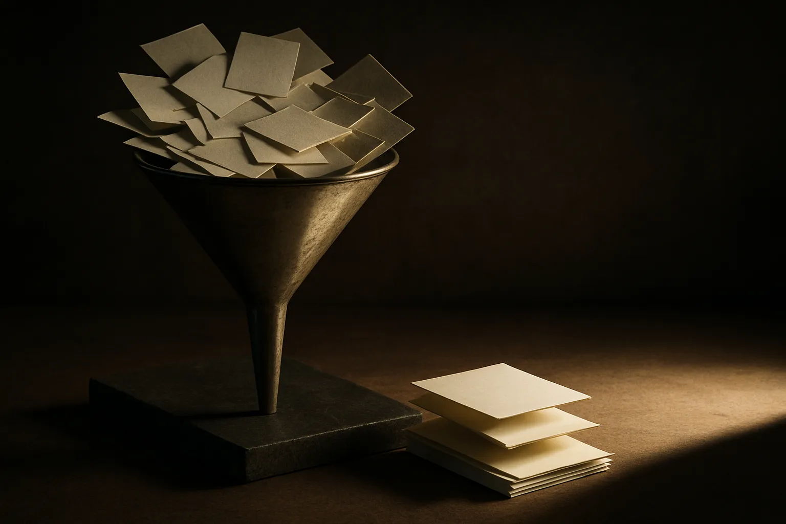 a funnel narrowing many documents down to a few before they enter a bright focused zone