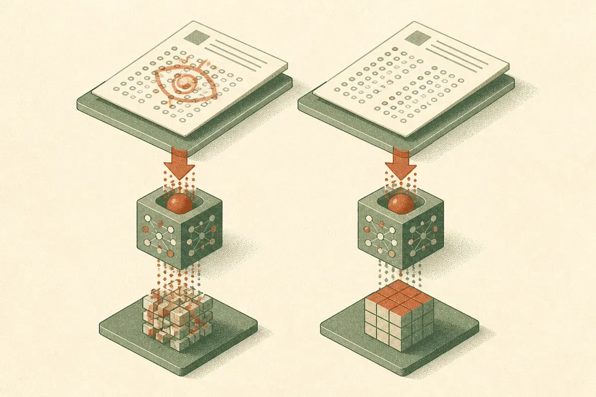 two nearly identical test sheets side by side, one stamped with a watermark the model can see and one blank, feeding int