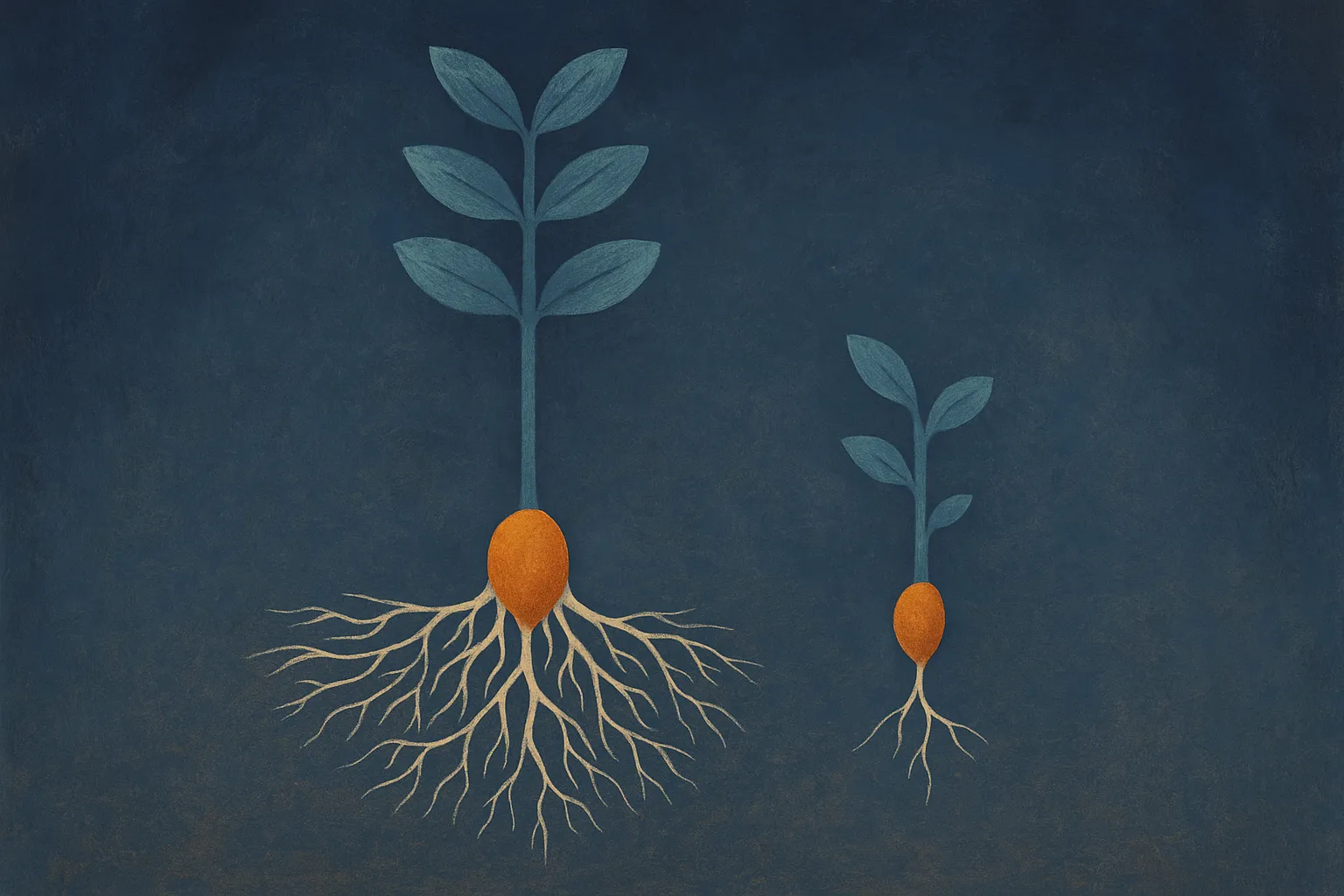 a seed with many branching roots feeding a single tall plant, contrasted with a seed with few roots feeding a shorter on