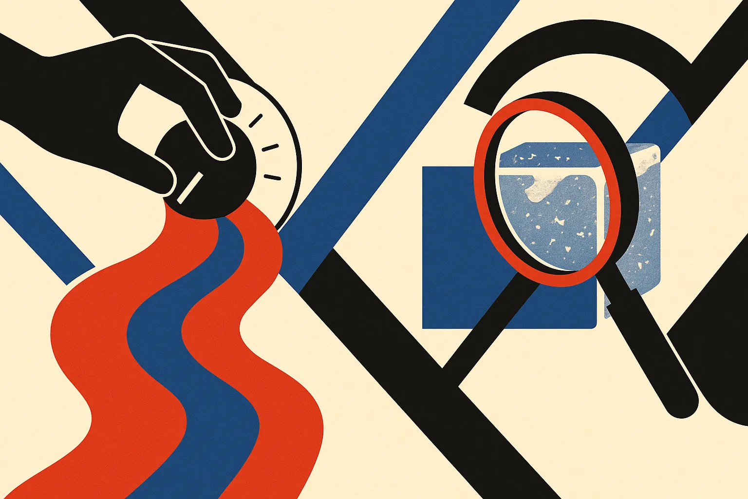 a hand turning a dial that reshapes a flowing stream in real time, versus a magnifying glass held over a frozen block