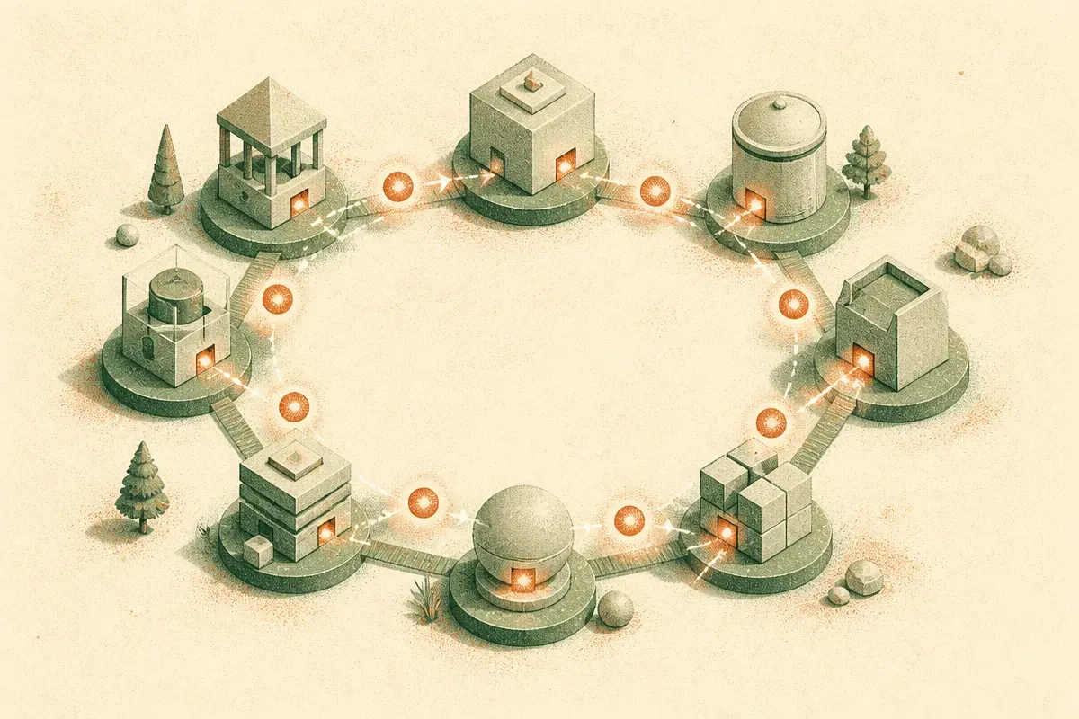 a ring of interconnected nodes passing glowing tokens around the circle, each node both giving and receiving